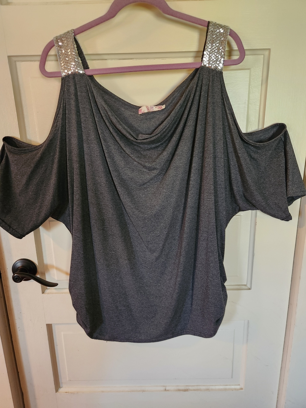 Sequined Cold-Shoulder Women's Top - Charcoal Gray